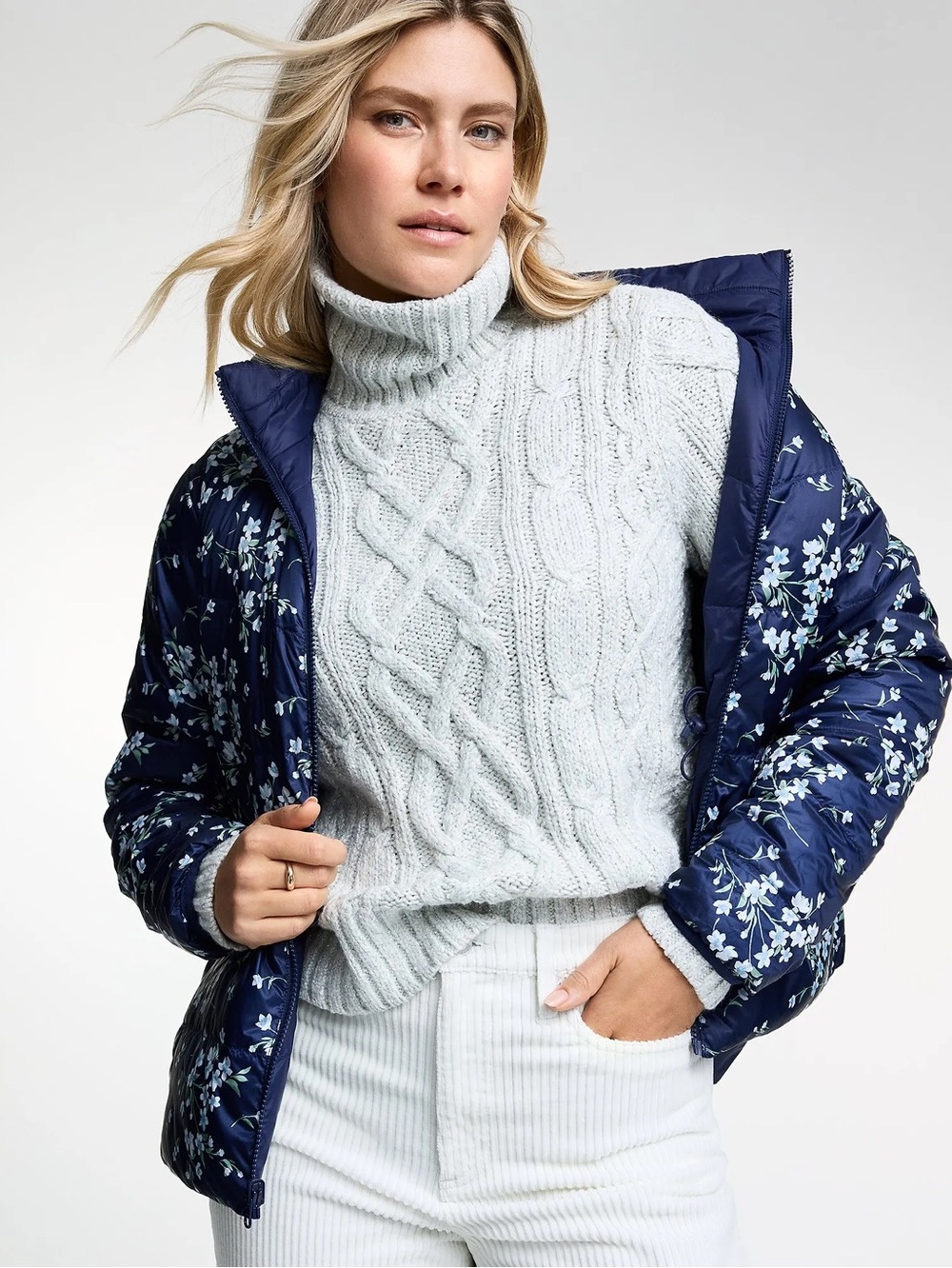 Lands' End Navy Floral Wanderweight Down Ultralight Packable Reversible Jacket L